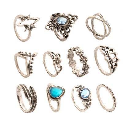 Σετ 9 γυναικεία δαχτυλίδια από ατσάλι ασημένια με μπλε στοιχεία-