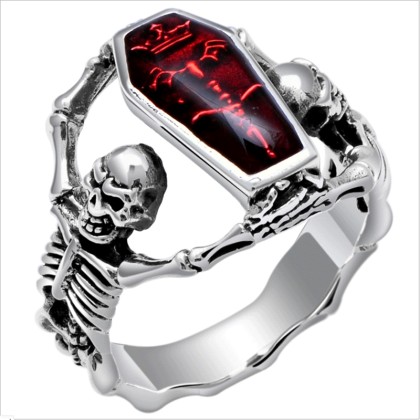 Aνδρικό δαχτυλίδι τιτανίου σκελετοί με κόκκινο φέρετρο - Silver 