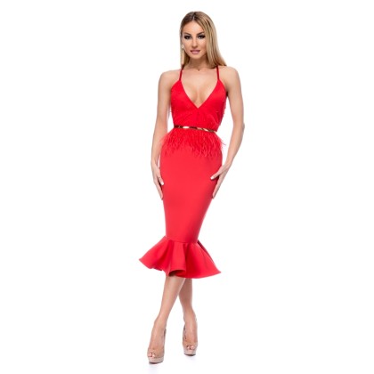 9256 RO Εντυπωσιακό μίντι φόρεμα με πέρλες και ζώνη - Κόκκινο-Κο