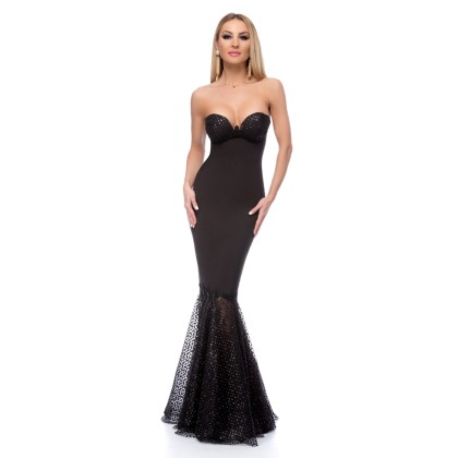 9265 RO Μάξι στράπλες γοργονέ φόρεμα με glitter - Μαύρο-Μαύρο
