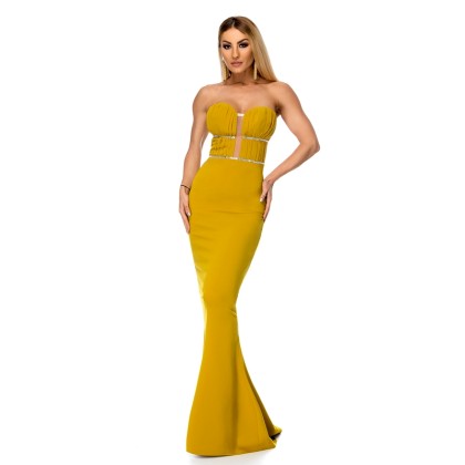 9275 RO Μάξι στράπλες φόρεμα με στρας - Μουσταρδί-Κίτρινο