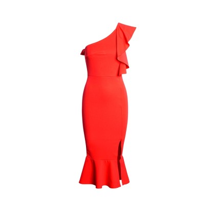 52610 CW Μίντι κρέπ φόρεμα με βολάν και έναν ώμο - Κόκκινο-Κοκκι