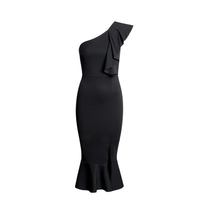 52611 CW Μίντι κρέπ φόρεμα με βολάν και έναν ώμο - Μαύρο-Μαύρο